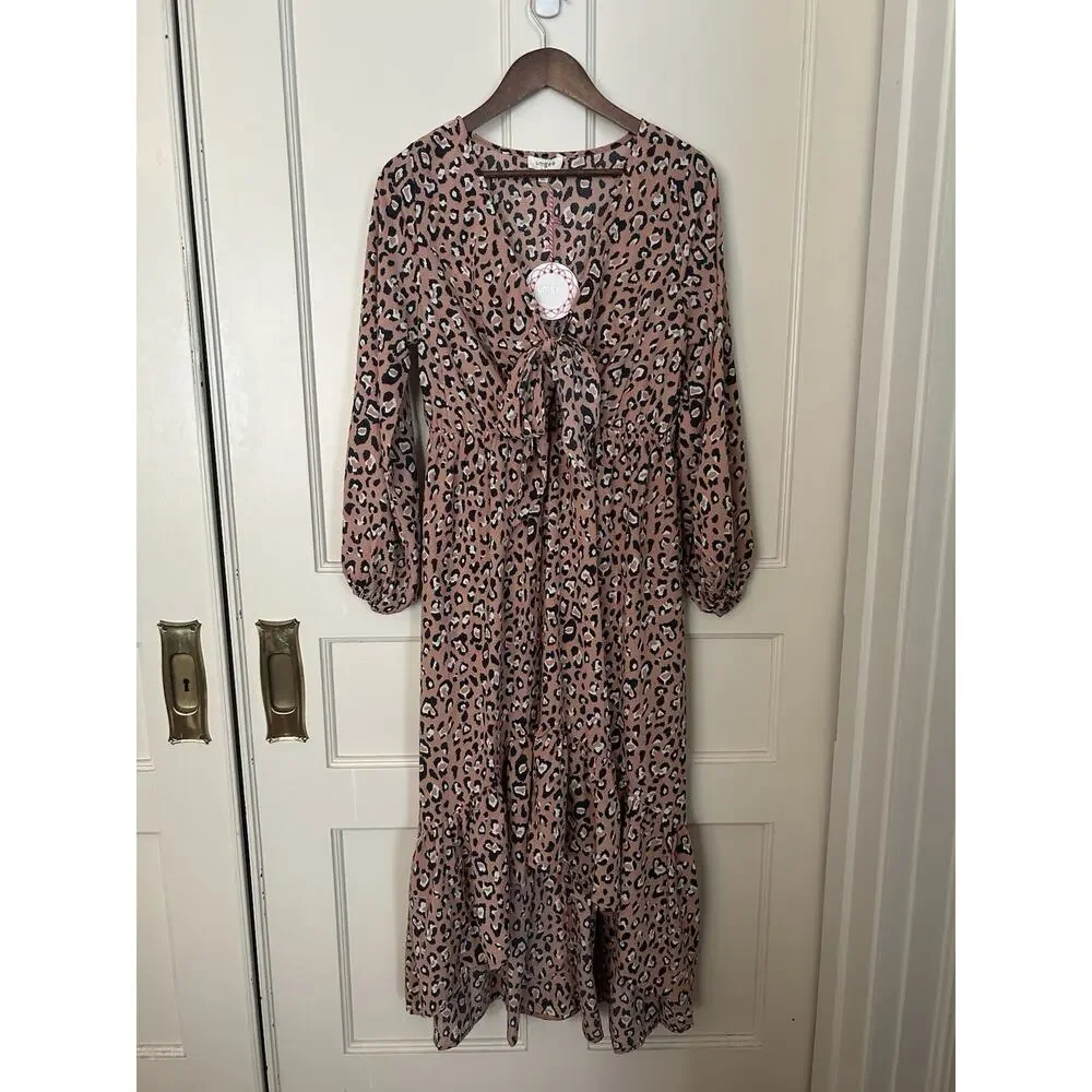 Umgee Animal Print Tie Front Hi Low Midi Dress Womens Size Small Brown NWT